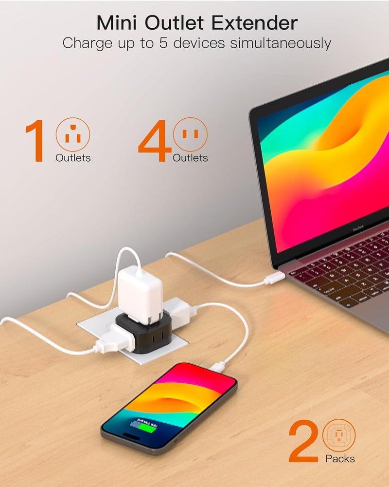 BESHON Black Multi Plug Outlet Extender 2 Pack, Wall Outlet Splitter with 5 Wall Outlets, Small Multiple Plug Extender, Cruise Essentials, Plug Adapter No Surge Protector for Cruise Ship Home Office Dorm - Image 5